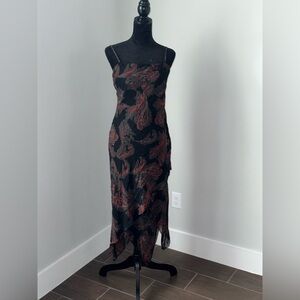 Vintage 90s Y2K Black Red Beaded Sheer asymmetrical  Dress size 12